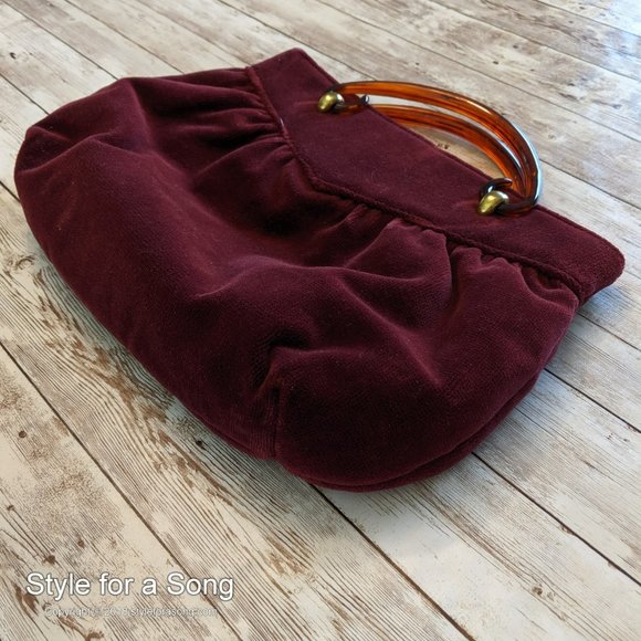 Vintage Burgundy Velvet Tortoise Handle Handbag - Picture 6 of 12